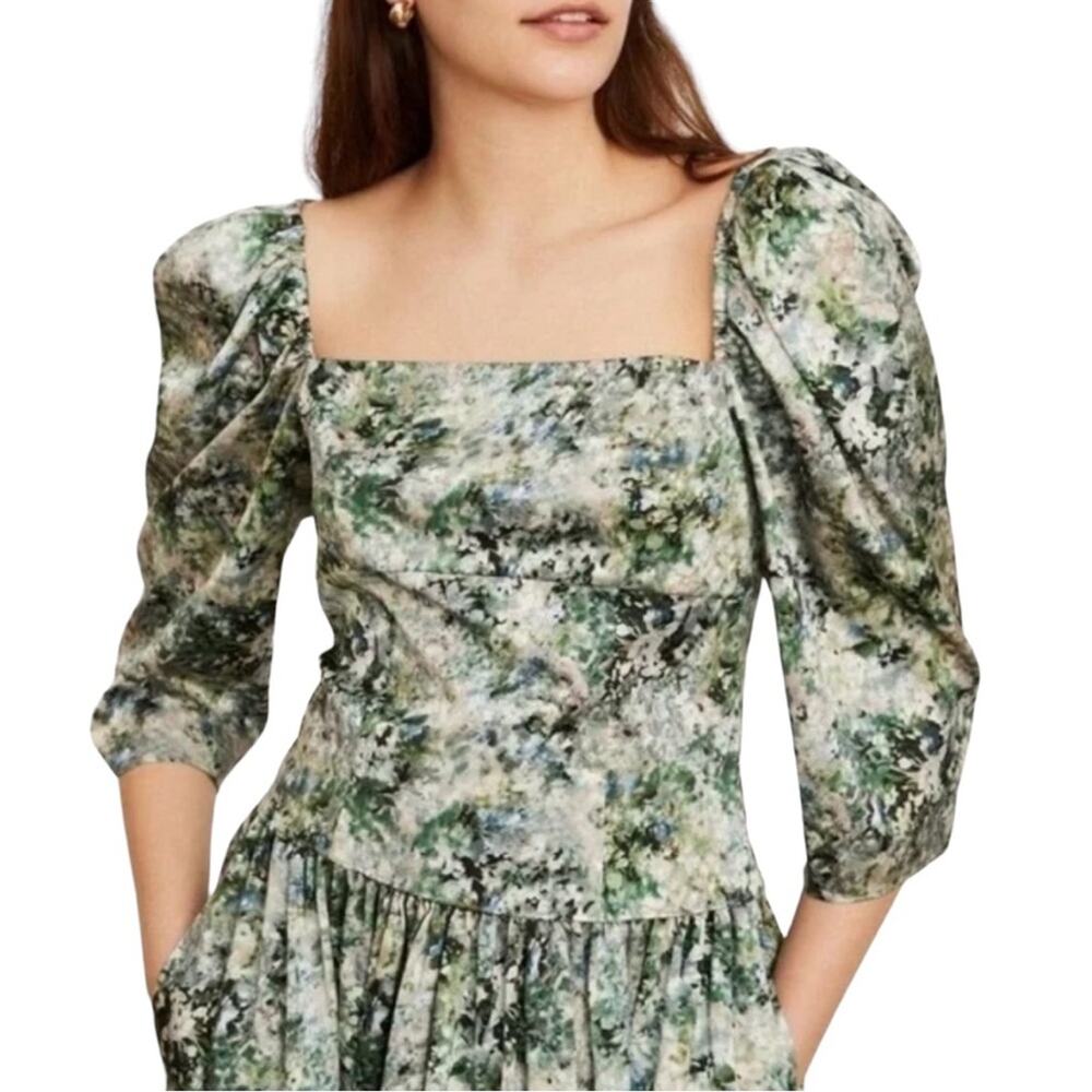 NWT Vince Painted Floral Square Neck Half Sleeve Green Blouse 10